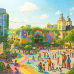 Eine bunte, geometrisch gestaltete Kunsthalle mit Kreisen und von Pflanzen bewachsen. Der Grabbeplatz ist autofrei, mit Radwegen und vielen Pflanzen. Menschen spielen, lachen, teilen Freude und erleben Gemeinschaft – auch obdachlose Menschen sind dabei. Die Atmosphäre ist farbenfroh, inklusiv, barrierefrei und demokratisch.