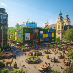 Die Kunsthalle ist von üppigen Pflanzen bewachsen und bunt im Stil von Piet Mondrian bemalt. Auf dem Dach gibt es eine große Terrasse mit Café, Infinity Pool und Beleuchtung. Der Grabbeplatz ist belebt mit vielen Bänken, Cafés und Restaurants. Es herrscht sonniges Sommerwetter, die Atmosphäre ist interaktiv, und Tiere sind zu sehen.