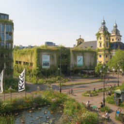 Die Kunsthalle ist mit dichten Pflanzen bewachsen, umgeben von bunten Wildblumen. Ein großer Teich beherbergt Enten, Frösche und Vögel. Der Grabbeplatz ist mit Kopfsteinpflaster ausgelegt und ein Radweg schlängelt sich hindurch. Alte Straßenlaternen, Bänke, Stühle und Papierkörbe stehen bereit, daneben ein kleiner Kiosk.