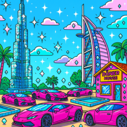 Eine futuristische Straße im Comicstil mit funkelnden Diamanten, dem Burj Khalifa und Burj Al Arab, flankiert von pinken Döner-Häusern. Steel-pinke Lamborghinis fahren die Straße entlang. Als Treffpunkte gibt es realistisch aussehende babyblaue und türkise Pools, die einen Kontrast zur comichaften Umgebung bilden. Die gesamte Szene wirkt lebendig, bunt und einzigartig.