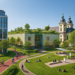Eine moderne Kunsthalle mit bepflanztem, öffentlich zugänglichem Dach, bemalt in naturnahen Farben und mit integriertem Radweg. Der Grabbeplatz zeigt breite Fahrradwege, große Rasenflächen und überdachte Sitzbereiche mit Solardächern. Die Szene wirkt sommerlich und sonnig.