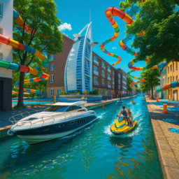 Eine fantasievolle Zukunftsvision der Lennéstraße: Die Straße ist von Wasser bedeckt, auf dem prächtige Yachten und schnelle Jetskis unterwegs sind. Wasserrutschen und Falltüren sorgen für Abenteuer. Im Mittelpunkt steht ein modernes Gebäude, inspiriert vom Burj Al Arab, das als Treffpunkt dient. Die Szene vermittelt Urlaubs- und Luxusfeeling direkt vor der Schule.
