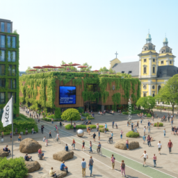 Die Kunsthalle ist mit üppigen Pflanzen bewachsen und hat ein Café auf dem Dach. Die große Holzfassade zeigt ein leuchtendes Display mit Infos zu Ausstellungen. Auf dem Grabbeplatz liegen große Steine, zwischen denen Fuß- und Radwege verlaufen. Das Wetter ist klar, viele Menschen sind draußen und genießen entspannte Atmosphäre, es gibt Kunstinstallationen im Freien.