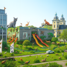 Eine fantasievolle Kunsthalle, überall mit glücklichen Tieren geschmückt – auf dem Dach, an den Wänden und in der Architektur. Der Grabbeplatz ist voller grüner Grasflächen, Wasserläufe und Tiere. Drei riesengroße Rutschen schlängeln sich über den Platz und sorgen für spielerische Atmosphäre.