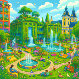 Eine grüne, von Pflanzen überwucherte Kunsthalle mit Wasserflächen und kunstvollen Brunnen, umgeben von üppigen Blumenwiesen und gemütlichen Bänken. Der autofreie Grabbeplatz lädt mit viel Natur, bunten Gebäuden und entspannter Atmosphäre zum Verweilen ein. Vögel und andere Tiere beleben die harmonische Szene.