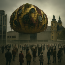 Ein riesiger, gelber, bienenstockartiger Bau schwebt über dem kahlen, grauen Grabbeplatz. Die großen, runden Fenster der Kunsthalle sind von weinroten bis grünen Ranken umschlungen. Unten stehen viele Menschen, die ehrfürchtig und erschrocken nach oben blicken, überwältigt von der letzten Schönheit, die dem Klimawandel entkommen ist.