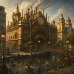 Die Vision zeigt die Kunsthalle als imposanten Bahnhof im Steampunk-Stil, mit markanten Zahnrädern und Metallverzierungen. Auf dem Grabbeplatz erstreckt sich ein großer, ruhiger See, der von atmosphärischem Dampf und viktorianischen Elementen umgeben ist. Die gesamte Szene wirkt futuristisch und fantasievoll.