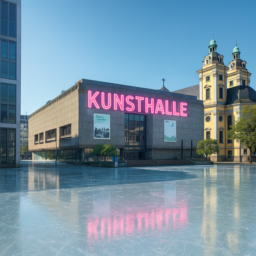 Auf dem Bild steht eine moderne Kunsthalle mit großem, leuchtendem Neon-Schriftzug "Kunsthalle" an der Front. Der gesamte Grabbeplatz davor ist eine weitläufige, glatte Eisfläche. Die Szene ist klar und minimalistisch, weitere Elemente sind dezent gehalten, der Fokus liegt auf dem Schriftzug und der besonderen Bodenbeschaffenheit.