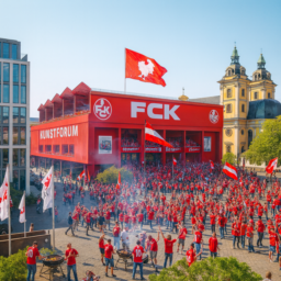 Ein Stadion im Stil des ersten FCK steht anstelle der Kunsthalle. Auf dem Grabbeplatz davor feiern ausgelassene, typisch pfälzische Fußballfans, viele mit Fahnen, beim Grillen. Die Szenerie strahlt lebendige, fröhliche Fußball-Atmosphäre aus.