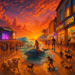 Die Lennéstraße ist in einen Strand bei Sonnenuntergang verwandelt, mit einem Eminem-Konzert, vielen Menschen und verspielten Hundewelpen. Menschen bewegen sich auf Walen und Hoverboards fort. Es gibt große Wellen, einen Wasserpark sowie bunte Geschäfte: einen Legamiladen, einen Harry Potter Laden und einen Frozen-Yoghurt-Stand.