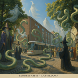 Die Lennéstraße der Zukunft ist magisch: Große Fantasiewesen wie Geister, Zauberer und viele riesige Schlangen beleben die Szene. Menschen fahren mit einer modernen Bahn durch die bunte, geheimnisvolle Umgebung. Ein auffälliges Schmuckgeschäft lädt zum Verweilen ein.