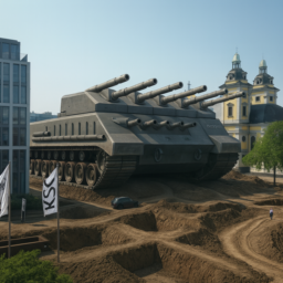 Das Bild zeigt die Kunsthalle als riesigen Panzer mit 20 Kanonenrohren. Der Grabbeplatz ist als Schlachtfeld mit zahlreichen Gräben gestaltet. Die Szenerie ist kraftvoll und eindrucksvoll, ganz im Zeichen einer futuristischen, martialischen Vision.