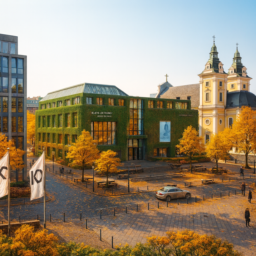 Ein realistisches Bild im Tageslicht zeigt die Kunsthalle im historischen Stil der 1920er Jahre, modernisiert mit viel Glas und regionalem Grün. Der Grabbeplatz ist herbstlich, mit bunten Blättern, Bäumen, Sitzgelegenheiten und belebter Straße, die den urbanen City-Vibe erhält.