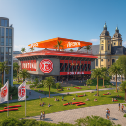 Die Kunsthalle erscheint als modernes Stadion mit rotem Fortuna-Logo, einer Aperol Bar und Palmen auf dem Dach. Der Grabbeplatz ist ein grünes Paradies mit roten Bänken, viel Rasen und einer entspannten, sommerlichen, friedlichen Atmosphäre.