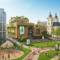 Eine moderne Kunsthalle mit Holz-Elementen und viel Begrünung, umgeben von einer großen Rasenfläche. Ein Fahrradweg führt um den Platz, auf dem Familien unterwegs sind. Es gibt einen Spielplatz, viele digitale Screens und eine Dachterrasse. Keine Autos, entspannte Atmosphäre, viele Menschen genießen den Platz.