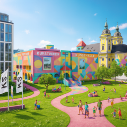 Das Bild zeigt eine familienfreundliche Kunsthalle am Grabbeplatz in Düsseldorf, umgeben von weitläufigen Rasenflächen. Die Atmosphäre ist sonnig, offen und bunt gestaltet. Kinder und Familien beleben die Szene, farbenfrohe Akzente und einladende Grünflächen schaffen einen lebendigen, freundlichen Ort für alle Generationen.