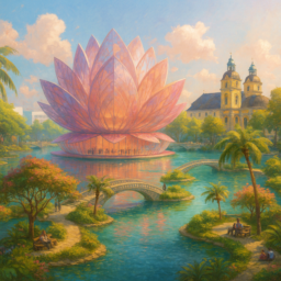 Das Bild zeigt eine transparente Kunsthalle in Form einer Lotusblüte in zarten Rottönen, die auf einem See liegt. Umgeben ist sie von tropisch bewachsenen Inseln mit Brücken, Bänken und Sitzmöglichkeiten. Die Sonne scheint hell, einige Schäfchenwolken sind am blauen Himmel zu sehen, alles in natürlichen Farben gehalten.