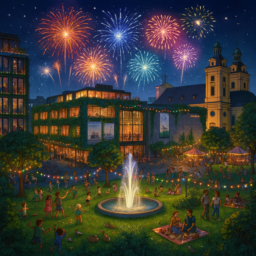 Ein modernes Glasgebäude mit üppigen Pflanzen und Dachterrasse steht im Zentrum. Der Grabbeplatz ist grün, mit einer großen Fontäne, vielen Tieren und spielenden Kindern. Es ist eine warme Sommernacht, ein fröhliches Fest findet statt und bunte Feuerwerke erleuchten den Himmel.