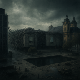 Das Bild zeigt die Kunsthalle mit von Kabeln umwucherten Fassaden, die wie wilde Pflanzen wirken. Im Vordergrund liegt ein großer Wasserteich auf dem Grabbeplatz. Die Szene ist in einer dystopischen Zukunft angesiedelt, mit düsterer Atmosphäre und futuristischen Details.