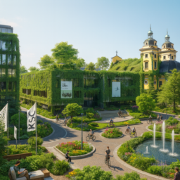 Eine moderne Kunsthalle, üppig mit Pflanzen und viel Grün bewachsen, steht im Mittelpunkt. Umgeben ist sie von einem Grabbeplatz mit breiten Radwegen, ruhigen Wasserflächen und gemütlichen Sitzmöglichkeiten. Der gesamte Platz wirkt sehr grün, einladend und naturnah.