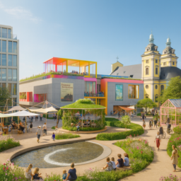 Die Kunsthalle mit Terrassen, Balkonen, erhaltenen Fassadenelementen und grell gefärbten neuen Stahl- und Glasteilen, davor grüne Oasen aus Hecken und Wildblumen. Auf dem Grabbeplatz Pavillons aus Gerüststangen mit textilem Sonnenschutz, runde Pflanzbereiche, ein großer Brunnen mit Bachlauf, ein Glashaus und viele Menschen, die an einem sonnigen Tag verweilen.
