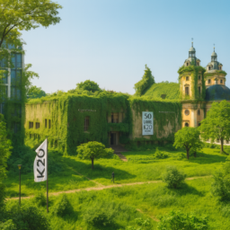 Das Bild zeigt die Kunsthalle Düsseldorf als altes, beige angestrichenes Gebäude, das von üppigen Pflanzen bewachsen ist. Der gesamte Grabbeplatz ist mit sattem Grün bedeckt: Viele Bäume und weitläufige Rasenflächen dominieren die Szene. Die Atmosphäre ist naturverbunden, alles wirkt freundlich und sehr grün.