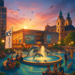 Das Bild zeigt die sandfarbene Kunsthalle mit Delfinen darauf. In der Mitte des Grabbeplatzes ist ein leuchtender Springbrunnen, in dem Enten schwimmen. Der Boden ist in Meeresfarben gestaltet, viele Bäume und Sitzmöglichkeiten umgeben den Platz. Im Hintergrund ist Sonnenuntergang, Vögel fliegen am Himmel, Menschen spazieren mit Hunden oder unterhalten sich.