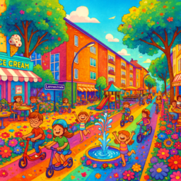 Eine sonnige, farbenfrohe Straße mit bunten Blumenbeeten. Kinder und Erwachsene fahren mit Rollern und Fahrrädern entlang. Es gibt einen Eisladen, ein Restaurant und ein Kebaphaus, daneben einen großen Spielplatz und ein spritzendes Wasserspiel. Alles wirkt fröhlich und lebendig bei schönstem Wetter.