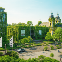 Eine begrünte Kunsthalle mit üppigen Pflanzen an den Fassaden steht auf dem Grabbeplatz, umgeben von zahlreichen Bäumen. Über den Platz verteilt sorgen stilvolle Laternen für eine besondere Atmosphäre.