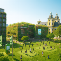 Ein sonniger, heller Grabbeplatz mit viel Gras, Fußgängerzone und Schaukeln. Im Mittelpunkt steht die Kunsthalle als altes Gebäude, dessen Fassade von üppigem Grün und bunten Blumen überwuchert ist. Menschen nutzen Mitmachstationen und genießen die entspannte, lebendige Atmosphäre.