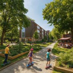 Eine grüne, autofreie Straße mit vielen Bäumen. Menschen fahren entspannt auf Skateboards vorbei. Am Straßenrand steht ein bunter Eisladen, vor dem Kinder Eis essen. Die Atmosphäre ist friedlich, freundlich und naturnah.