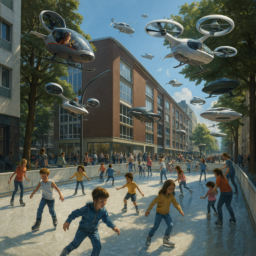 Eine Straße mit vielen Häusern, Menschen bewegen sich in kleinen Flugzeugen durch die Luft. Im Zentrum gibt es eine glitzernde Eislaufbahn als Treffpunkt. Alles wirkt freundlich und modern, die Szene ist lebhaft und einladend.