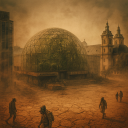 Das Bild zeigt die Kunsthalle als riesiges Tropengewächshaus, gefüllt mit ausgestorbenen Pflanzen und Bäumen, umgeben von einer postapokalyptisch trockenen Landschaft auf dem Grabbeplatz. Der Himmel ist vom Smog verhangen, Menschen mit Gasmasken bewegen sich durch die Szene.