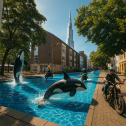Eine futuristische Szene: Auf einer modernen, offenen Straße mit riesigen, leuchtend blauen Pools schwimmen Orcas. Menschen fahren auf schnellen Motorrädern an den Wasserflächen vorbei. Im Hintergrund ragt ein gewaltiges Hochhaus wie der Burj Khalifa empor und prägt die Skyline.
