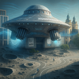 Das Bild zeigt eine futuristische Kunsthalle in Form eines UFOs, das mit Orgelpfeifen als Düsen ausgestattet ist. Der Grabbeplatz ist als karge Mondkraterlandschaft mit deutlich sichtbaren Fahrradewegen gestaltet. Die Atmosphäre wirkt surreal und technisch, überall sind Sinuswellen als sichtbare Kommunikationsströme zu erkennen.