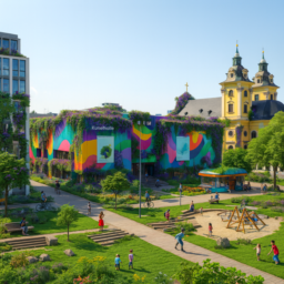 Die Kunsthalle erscheint als farbenfrohes, bepflanztes Gebäude, das von üppigem Grün und bunten Pflanzen überwuchert ist. Der Grabbeplatz ist eine große, grüne Fläche mit Spielmöglichkeiten für Kinder und einem einladenden Kiosk. Die gesamte Szene strahlt Harmonie zwischen Mensch und Natur aus.