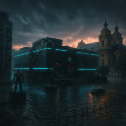 Eine futuristische Kunsthalle in Schwarz und Babyblau, bewachsen mit Kabelranken, von Robotern bewacht. Der Grabbeplatz wirkt dystopisch: Es regnet, doch am Horizont ist ein Sonnenuntergang zu sehen. Die Kunsthalle ist von schmutzigem Wasser umgeben, das die düstere Atmosphäre verstärkt.