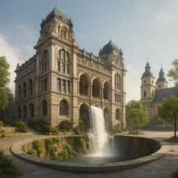 Ein monumentales Hochhaus im Gründerzeitstil überragt alle Gebäude Düsseldorfs. Im Vordergrund öffnet sich ein tiefes Loch mitten auf dem Grabbeplatz, in das ein Wasserfall der Düssel stürzt. Die gesamte Szene wirkt naturbelassen, edel und ruhig, umgeben von einer harmonischen, grünen Atmosphäre.