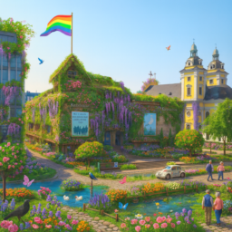 Die Kunsthalle erscheint als heimeliges Cottage, bewachsen mit vielen Blumen und üppigem Blauregen. Der Grabbeplatz ist grün und lebendig mit bunten Beeten, Wasserflächen, blühenden Pflanzen und verschiedenen Tieren. Die Atmosphäre ist sonnig und fröhlich, am Gebäude weht eine Pride-Flagge.