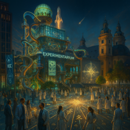 Das Bild zeigt eine futuristische Kunsthalle als riesigen, experimentellen Spielplatz: Ein transparentes Gebäude voller Forschung und Fantasie, in dem eine Rakete starten könnte. Davor ein mystischer Grabbeplatz, geformt wie ein gefallener Stern. Viele Menschen in modischen Wissenschaftskitteln erkunden gemeinsam die Geheimnisse des Universums.