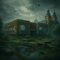 Die Kunsthalle erscheint im brutalistischen Stil, teils mit Efeu bewachsen und warm bunt akzentuierten Fenstern. Der autofreie Grabbeplatz ist wild begrünt mit einem großen Tümpel voller Enten, Seerosen und Frösche in der Mitte, umgeben von brutalistischen Bänken und Betonwegen. Die Szene wirkt beklemmend: dichter Nebel, bewölkter Himmel, keine Menschen, Krähen kreisen in der Luft.