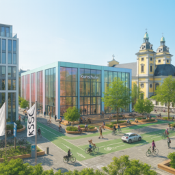 Das Bild zeigt die Kunsthalle mit hohen, pastellfarbenen Glasfronten und eleganten Flügeltüren. Auf dem Grabbeplatz gibt es viele Radwege, zahlreiche Fahrradabstellanlagen, eine Fahrradwaschanlage sowie kreative Sitzgelegenheiten, die in Bäumen integriert sind. Die Sonne scheint und sorgt für eine freundliche, einladende Atmosphäre.